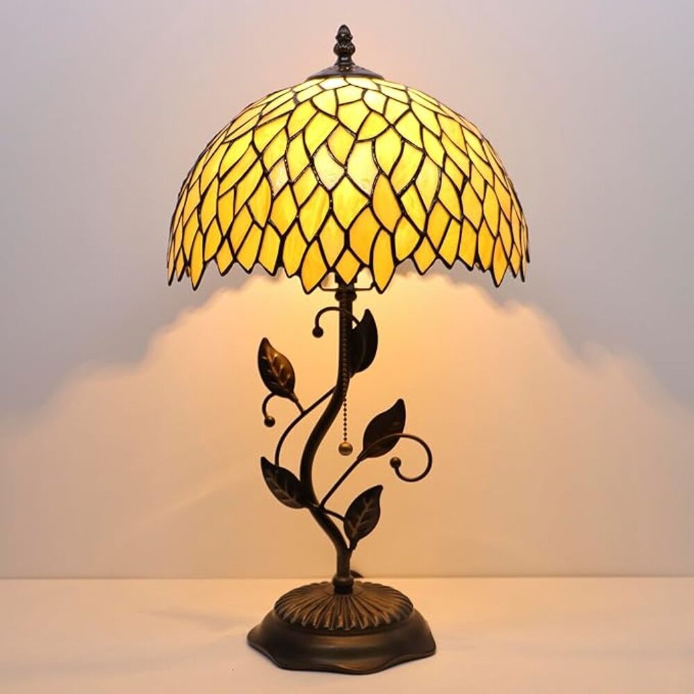 Tiffany Style Lamp Stained Glass Table Lamp w/Metal Leaf Base Yellow Wisteria
